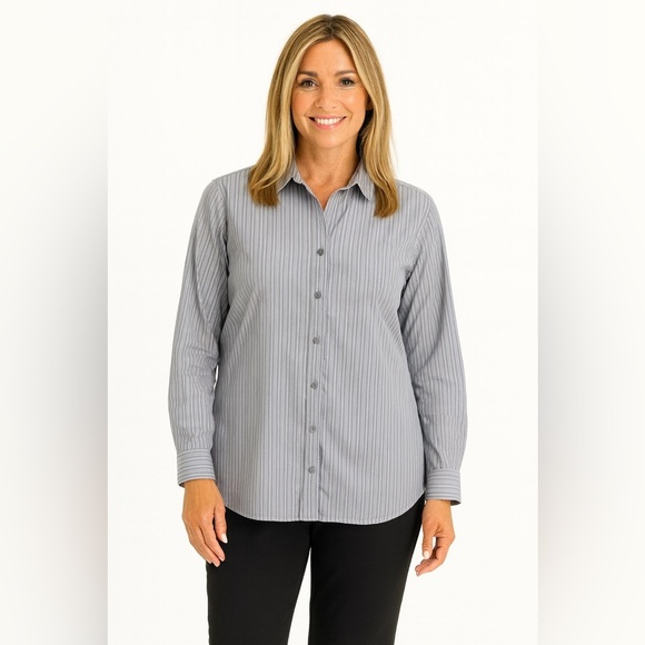 Garnet Hill Shirt Blue Stripe 100% Organic Pima Cotton Top Button Up Size 14 - Picture 1 of 12